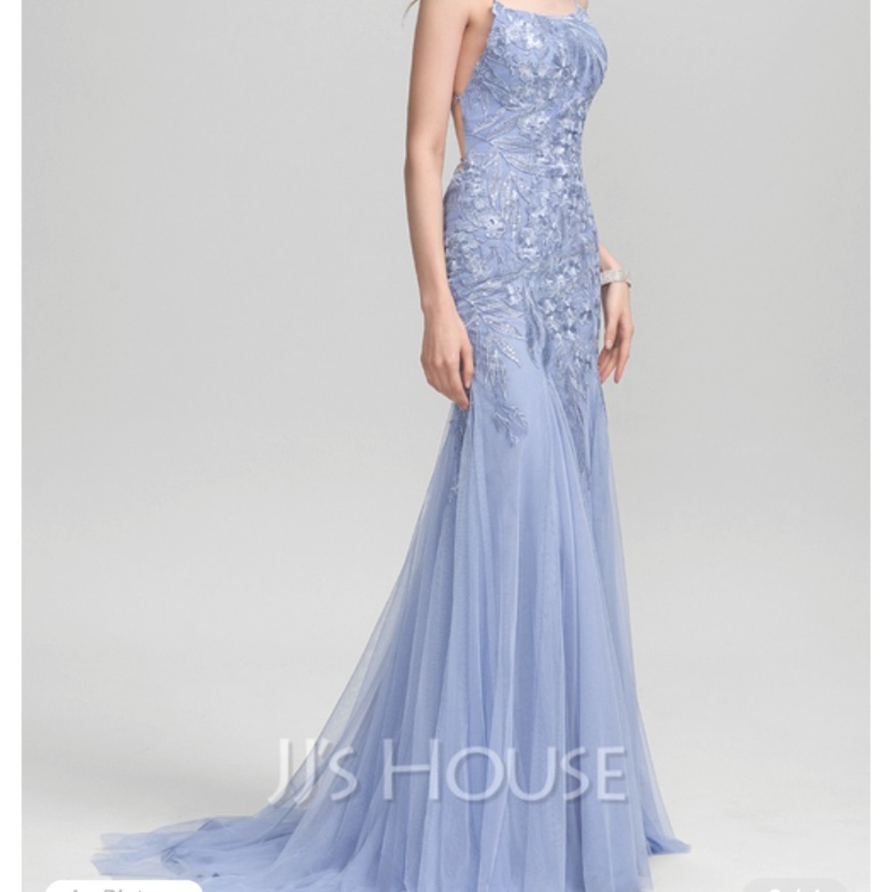 Trumpet / Mermaid formal gown with appliqué and sequins.